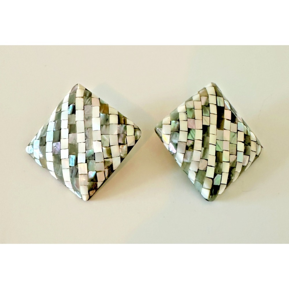 Mother of Pearl Earrings Mosaic Inlay Large Squares Abalone Shell Post Stunning
